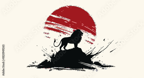 Majestic lion silhouette standing on a rocky peak with a red brush stroke sun, a powerful vector illustration of strength and courage