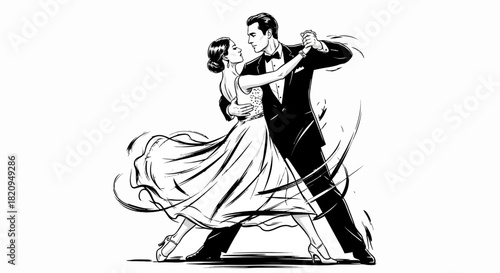 A romantic couple gracefully performing a classic ballroom tango, captured in a dynamic ink line art illustration