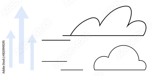Minimalist composition featuring upward arrows and abstract clouds. Ideal for growth, success, development, innovation, aspiration, environmental themes, and creative thinking. A simple flat metaphor