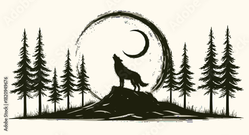 A lone wolf silhouette howling at a crescent moon on a rocky cliff, framed by pine trees in a vintage hand-drawn illustration style