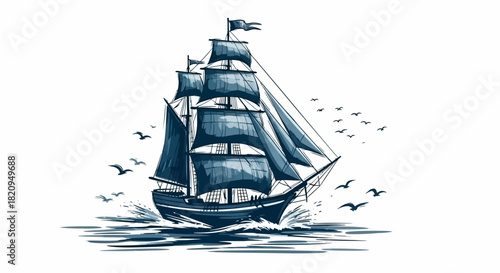 Artistic blue sketch of a majestic tall ship sailing on the ocean waves, a classic symbol of maritime adventure and exploration