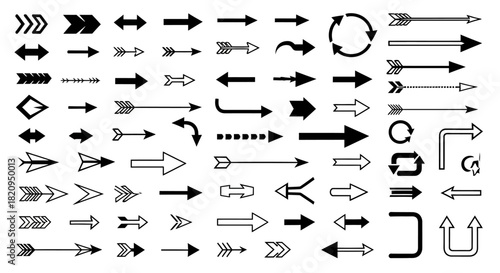 A dynamic assortment of black vector arrow icons, featuring diverse styles for navigation and design
