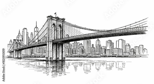 An elegant hand-drawn ink sketch showcasing the architectural marvel of the Brooklyn Bridge against the New York City skyline