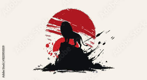 A powerful lion silhouette stands proudly on a rocky cliff against a rising red sun in an artistic ink wash style illustration