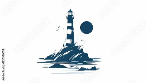 Minimalist vector art of a coastal lighthouse on a rocky shore with crashing sea waves and a sun
