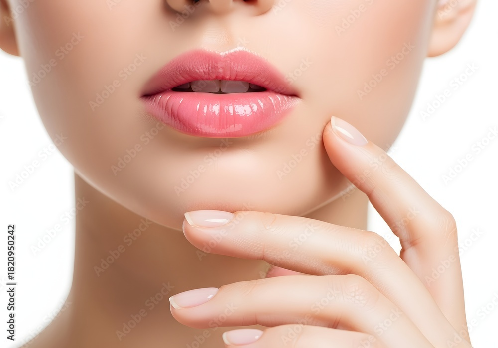 Fototapeta premium Close up of a woman s soft pink lips and chin with a finger touching her face