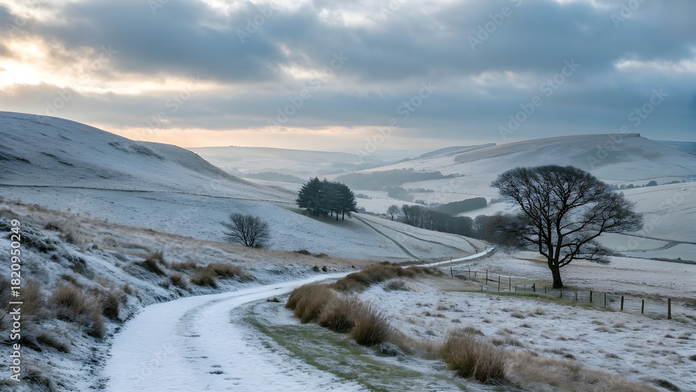 Fototapeta premium A serene winter landscape photo featuring snowy hills and a winding abstract pathway.