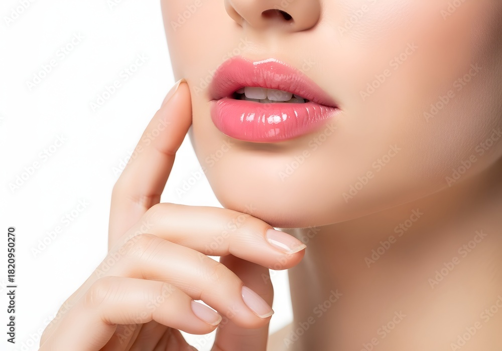 Obraz premium Close up of woman s perfect pink lips with a finger touching her chin