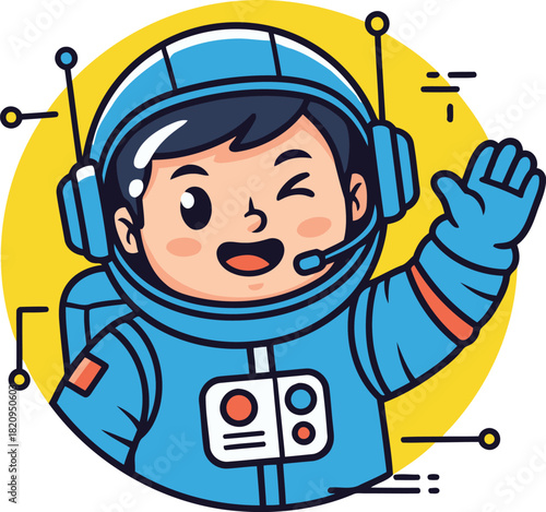 Cheerful astronaut kid exploring space adventure and wearing a helmet in a bright cosmic exploration