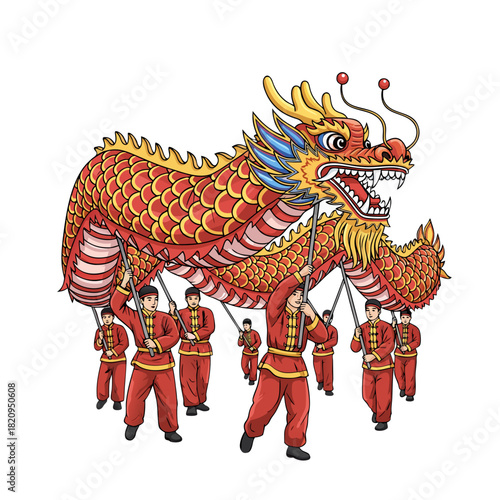 Dragon dance performance with performers in traditional attire outdoors  