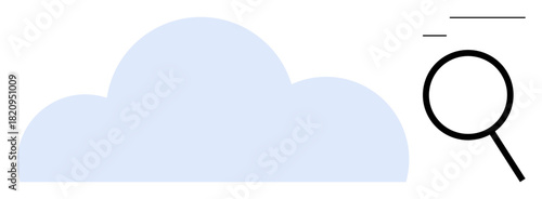 Blue cloud shape with magnifying glass and motion lines signifies data search, analysis, and cloud storage. Ideal for technology, internet, research, cloud computing, exploration, innovation simple