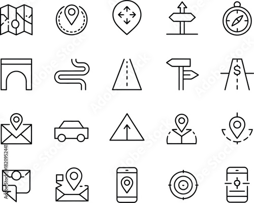 Navigation and Location Map, Pointer, and Route Icons for Direction and Guidance