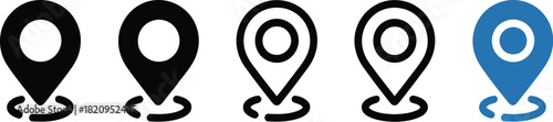 A set of five location pin marker icons for navigation and mapping. Includes solid, outline, and color variations for GPS, destination, and point of interest symbols