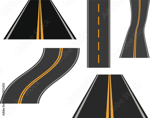 Collection of Road Illustrations Asphalt Roads with Yellow Lines in Various Shapes and Directions