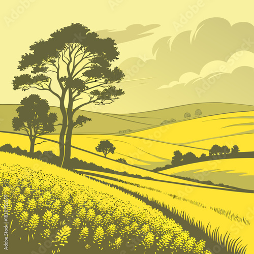 Serene rolling yellow hills and fields with trees under a cloudy sky in a stylized landscape