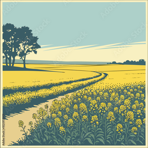 Stylized illustration of a winding dirt path through a vibrant yellow canola field under a pale blue sky