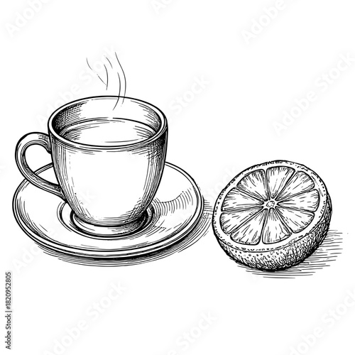 A cup of hot tea on a saucer with a slice of lemon, a black and white sketch. Vector illustration. The circle is isolated on a white background. Tea party and coffee shop