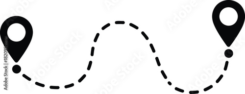 Graphic vector illustration of a dotted black line curving in an S-shape, connecting two distinct map pin icons, symbolizing a route, journey, or delivery path between points
