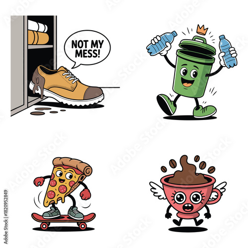 Shoe outside closet saying Not my mess and trash can with bottles Keywords: shoe, boot, footwear