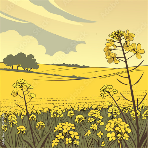 Vibrant yellow canola field under a cloudy sky with rolling hills and distant trees