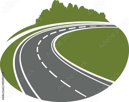 A winding S-shaped highway with U-curves navigates through a green landscape with trees, symbolizing a journey, travel, and transportation path