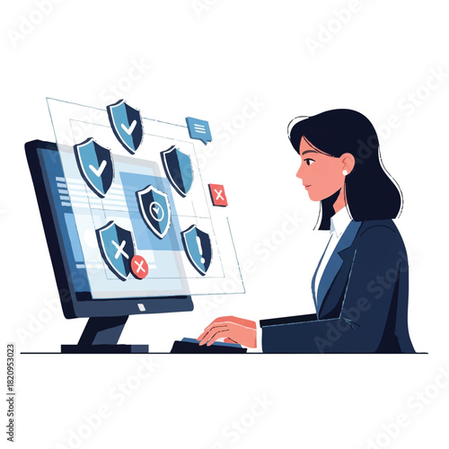 Professional woman in business attire working on a computer with security icons and shields on the screen in a modern office setting with a clean white background.