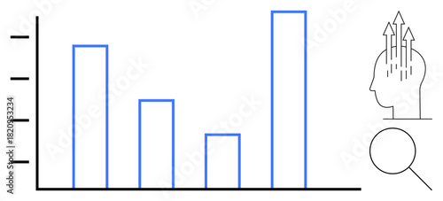 Data analysis concept. Visualization features bar graph for performance insights, head with arrows for innovative thinking, and magnifying glass for research. Ideal for marketing, finance, education