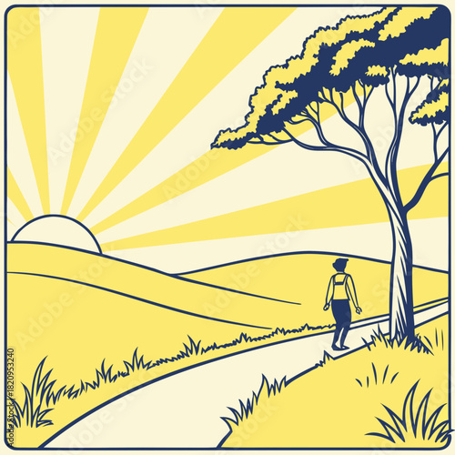 Person walking on a path towards a rising sun under a stylized tree in a vibrant landscape