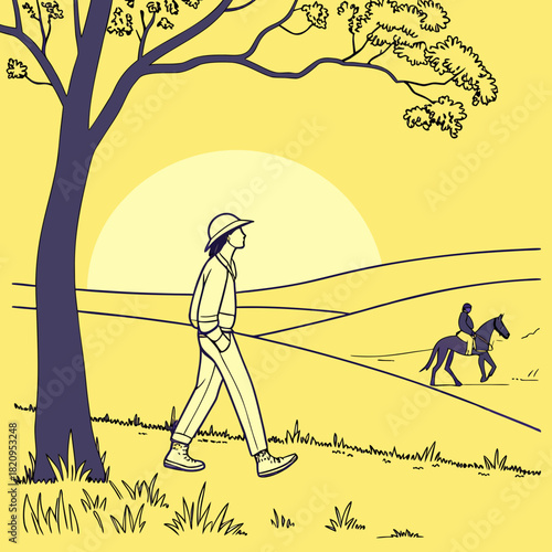 Person walking in a field with a horse rider in the distance under a large tree at sunset