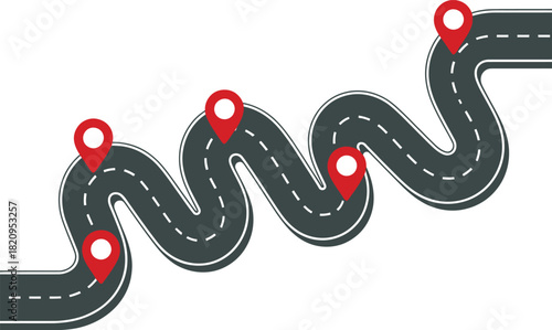 A winding asphalt road with five red location pin icons marking a journey or route. A vector illustration representing a timeline or roadmap with milestones
