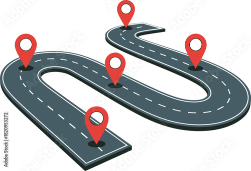 Journey's Path Navigating the Road with Red Location Pins for Guidance and Planning
