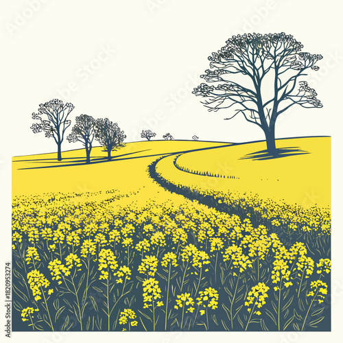 Stylized illustration of a winding path through a vibrant yellow rapeseed field with silhouetted trees on rolling hills