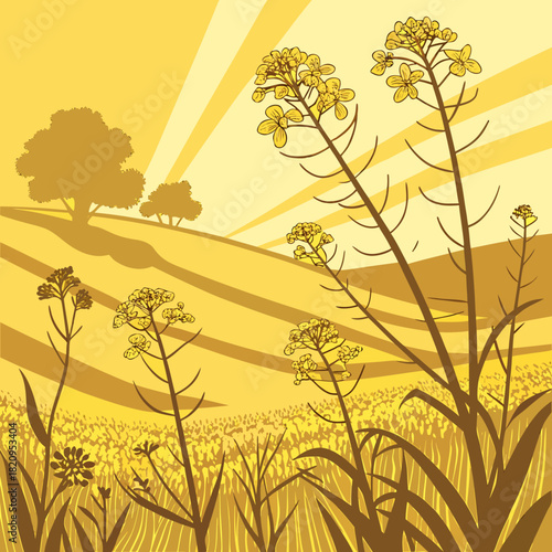 Golden rapeseed field under a stylized sunburst sky with rolling hills and trees