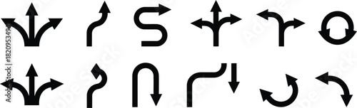 A versatile collection of black arrow icons and directional symbols for navigation, paths, and choices, including split, curved, S-shaped, and circular arrow signs for various design projects