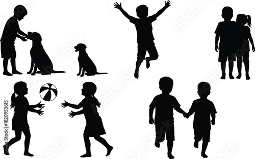 Silhouettes of energetic young children and their loyal dogs playing together, jumping with excitement, running freely, and interacting joyfully, symbolizing pure friendship and active summer fun.