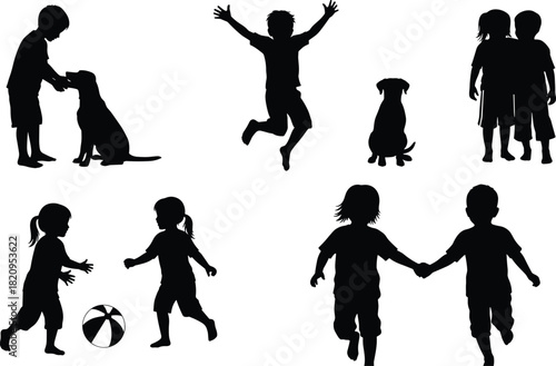 Black silhouettes of happy children and dogs enjoying dynamic outdoor activities like running, jumping, p