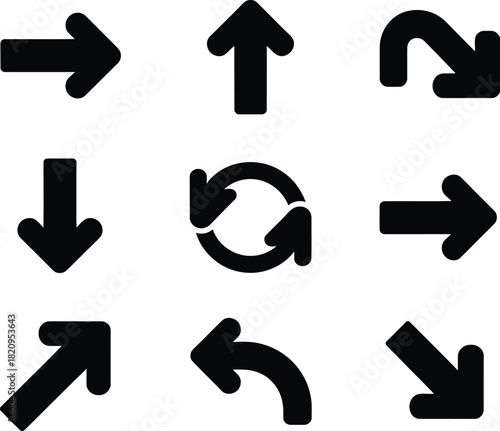 A versatile collection of nine distinct black arrow icons, showcasing various directions and navigation symbols essential for web design, user interfaces, and graphic projects