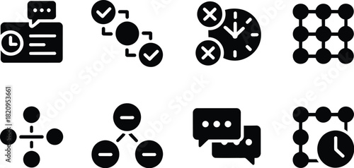 A versatile set of vector glyph icons representing project management concepts, workflow efficiency, communication strategies, and network structures