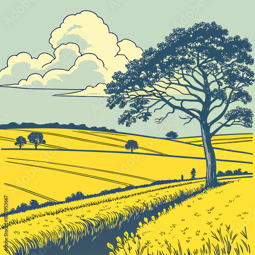 Stylized illustration of a lone tree in a vibrant yellow field under a dramatic sky
