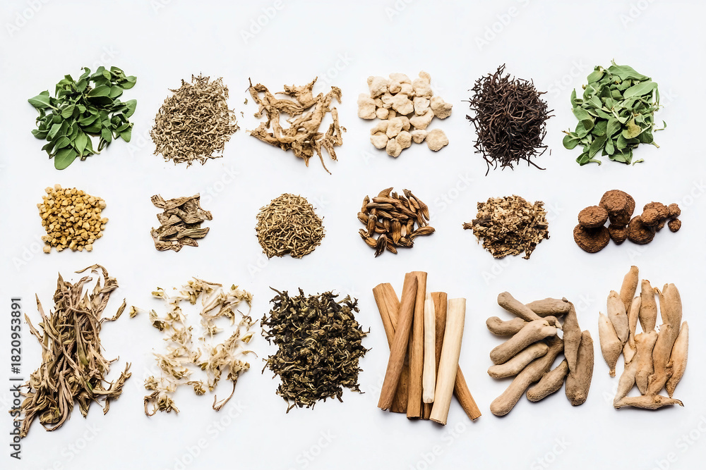 Fototapeta premium Generative AI image of natural herbs and modern capsules symbolizing laboratory tested innovative alternative medicine