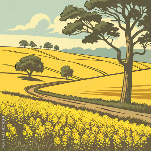 Stylized illustration of a winding country road through vibrant yellow rapeseed fields under a cloudy sky
