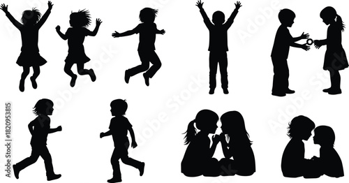 Dynamic black silhouettes capturing children jumping excitedly, running with glee, and sharing intimate moments of friendship, emphasizing vitality, freedom, healthy play, and the joy of youth.