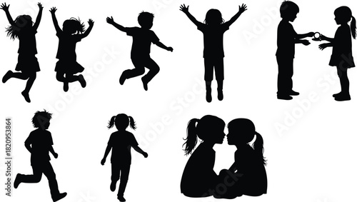 Black silhouettes of energetic young children jumping high, running freely, and sharing close friendly moments, symbolizing joy, youthful vitality, friendship, and uninhibited childhood happiness.