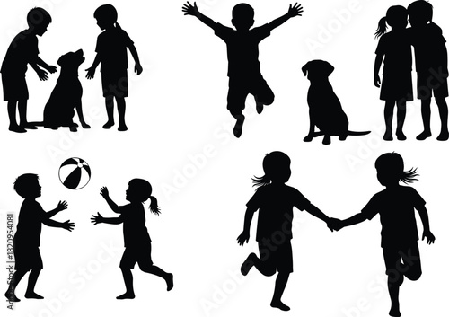 Set of black silhouettes showing joyful children playing outdoors, hugging pets, jumping with happiness, and running while holding hands, symbolizing friendship, innocence, and active youth.