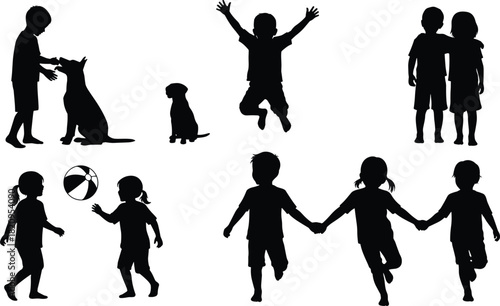 Silhouettes of joyful young children and their loyal pet dogs playing together outdoors, illustrating happy friendship, playful activity, diverse interaction, and innocent childhood memories.