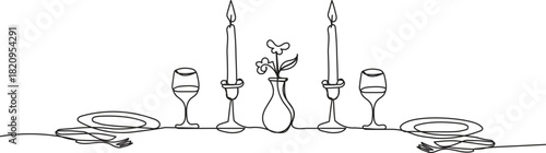  Dining table decoration continuous line art.