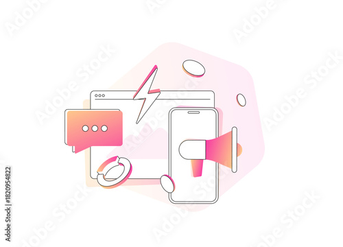 Social media viral engagement concept. SMM viral engagement optimizes conversions with likes, shares and social trends for 2026 traffic surges, sales boosts in dynamic strategies. Vector illustration