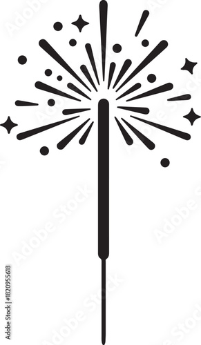 Solid black silhouette of a lit sparkler with glowing embers on a clean background