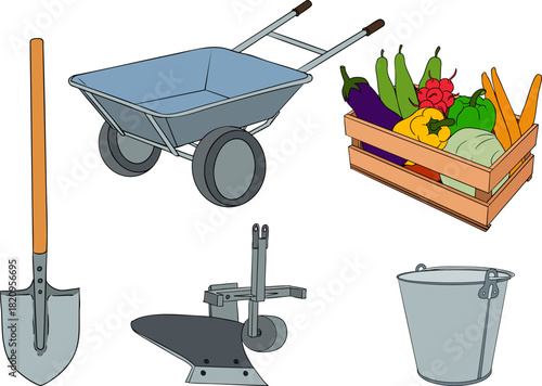 A vibrant and detailed set of colorful realistic vector illustrations depicting various elements of a modern farming and agricultural business.