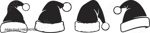 Four black and white santa hats with fluffy white trim and pompoms